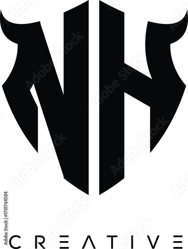 Fotografie NH Shield Monogram Logo with Bull Horn – Bold Emblem Symbol for Security, Protec