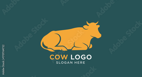 A simple yellow silhouette logo of a cow lying down on a dark teal background with sample text.