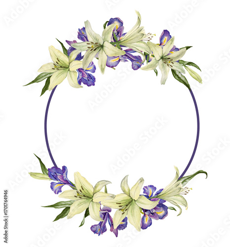 A beautiful round frame with watercolor lilies and irises on a transparent background.  Botanical wreath perfect for wedding invitations, spring events, and elegant card. 