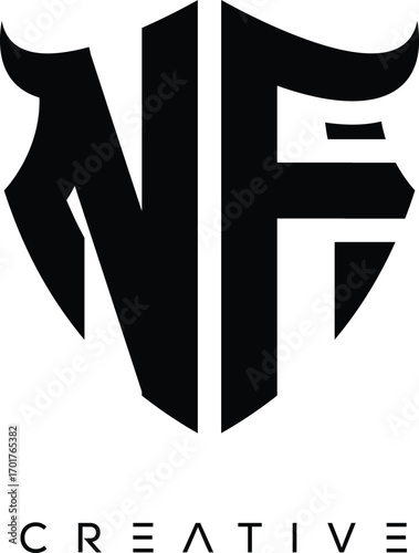 Fotografie NF Shield Monogram Logo with Bull Horn – Bold Emblem Symbol for Security, Protec