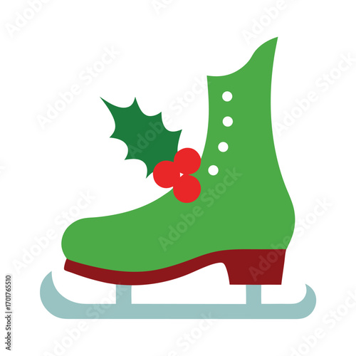 Festive green ice skate adorned with holly and berries