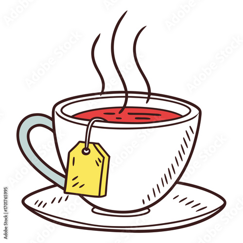 Hand-drawn illustration of a steaming cup of tea. The cup is white with a light blue handle, sitting on a saucer. A yellow tea bag tag hangs from the side, and wavy lines rise from the top of the cup 