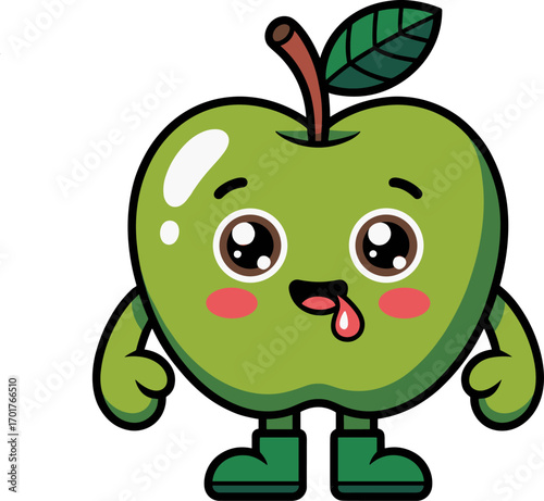 Adorable Kawaii Green Apple Character with Big Eyes and a Playful Expression Showing Tongue and Red Cheeks