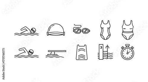 Collection of swimming icons in a clean line art silhouette style