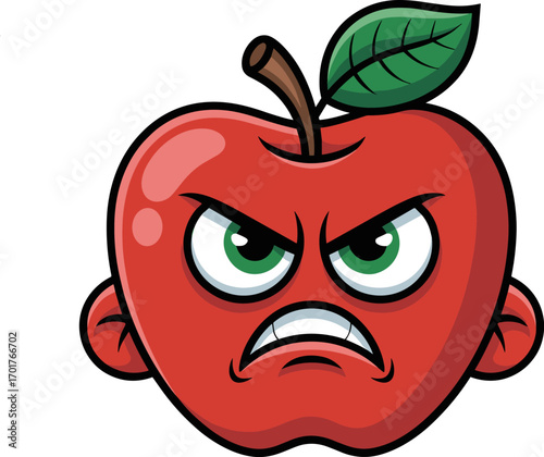 The Furious Fruit A Fierce Red Apple with a Grumpy Expression Showcasing Its Unhappiness and Displeasure Through Intense Facial Features a Cartoon Character Symbolizing Anger and Frustration