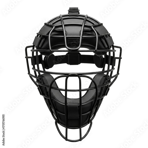 Black baseball catcher mask with a metal cage for face protection and safety in the game
