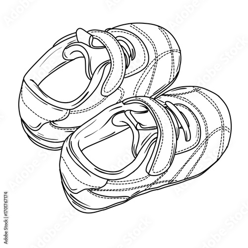 An outline drawing of two small toddler sneakers with velcro straps and stitching details. This is a simple monochrome sketch isolated on a white background.