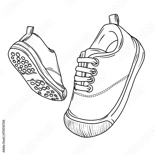 Simple line drawing of a pair of childs canvas shoes with laces. One shoe is upright, the other is lying on its side.