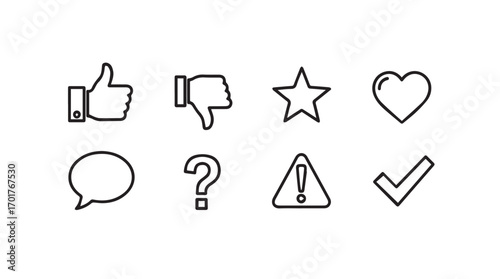 Collection of hand drawn social media feedback icons in silhouette style