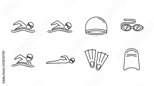 Set of eight simple line art swimming icons in silhouette style