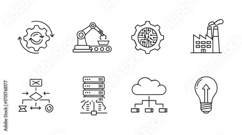Collection of industry 4 0 icons representing automation technology and innovation silhouette