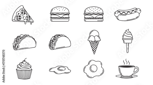 Collection of hand drawn fast food and dessert icons in a distinctive silhouette style