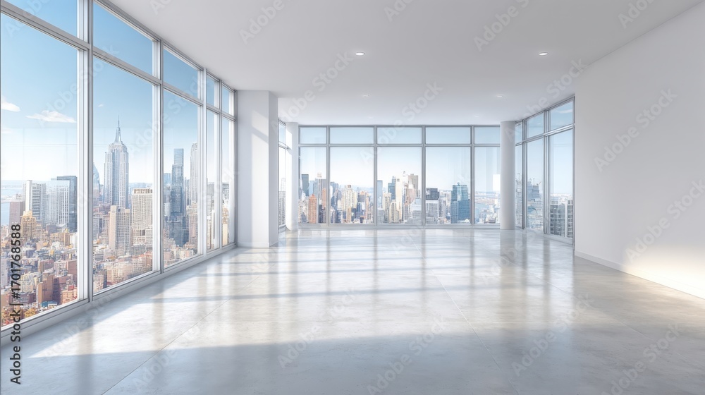 Obraz premium Bright Modern Office Space with City View, Empty Interior with Large Windows and White Walls