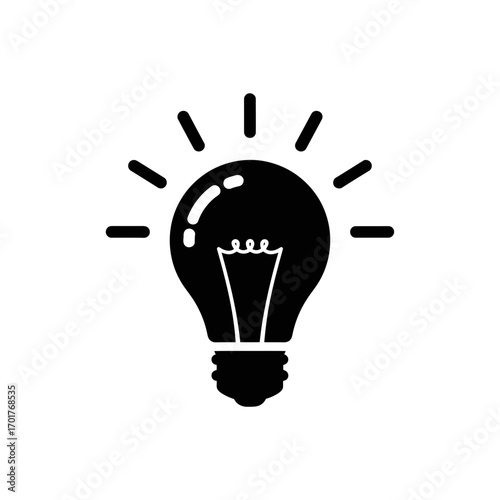 Vector art of black silhouette of a glowing light bulb with radiating lines