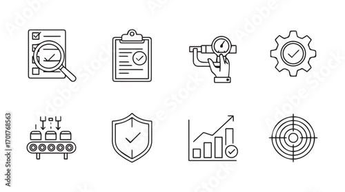Collection of business and quality control icons in a hand drawn silhouette style