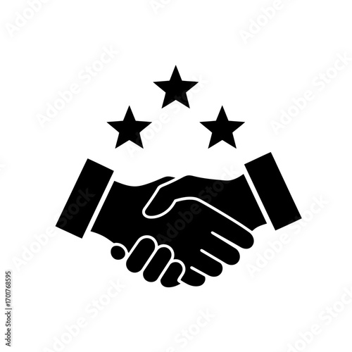 Vector art of black and white icon of a handshake with three stars above, representing excellent service, quality, and customer satisfaction