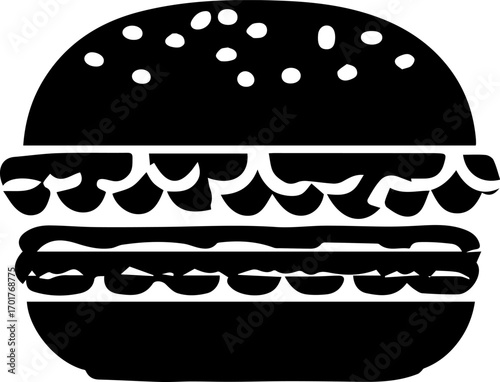 Black and white drawing of a hamburger with a bun and two hot dogs. The hamburger is topped with lettuce, tomato, and cheese