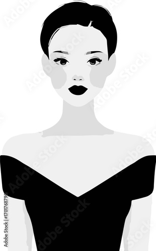 Woman with a black dress and red lipstick. She has a serious expression on her face. The image is black and white