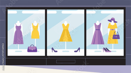 illustration of a clothing store window displaying several products vector design template