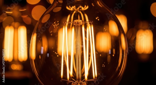 Closeup of a vintage edison light bulb with glowing filament and bokeh lights in the background, symbolizing ideas and innovation