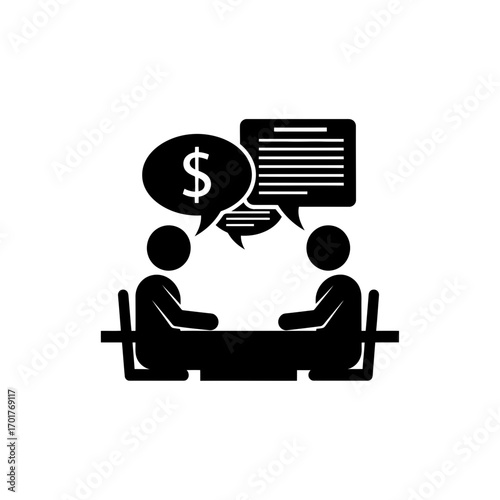 Vector art of two people in silhouette sitting at a table discussing a dollar sign in a speech bubble