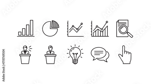 Collection of business and finance icons in a hand drawn silhouette style