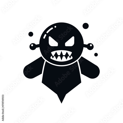 Vector art of a black silhouette of a cartoonish monster with sharp teeth and angry eyes