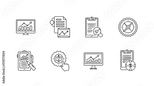 Collection of business and finance icons in a hand drawn sketch silhouette style