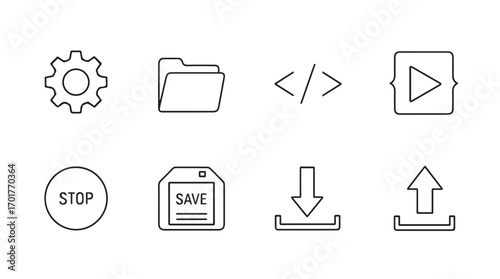 Collection of eight simple line art icons representing settings folder code play stop save download and upload silhouette