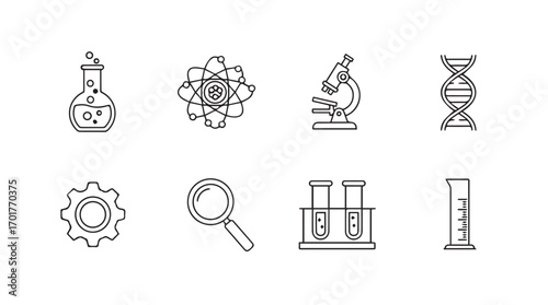 Collection of science and research icons in a hand drawn silhouette style