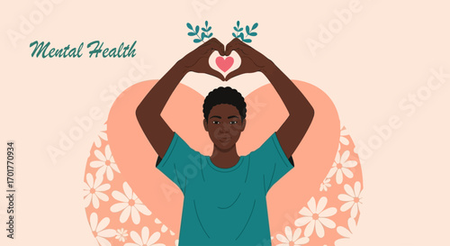 Mental Health Awareness Man forming heart shape with hands self care love and support concept illustration