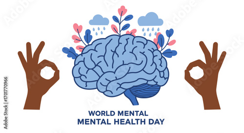 World Mental Health Day OK Hand Gestures with Brain and Growing Plants Illustration