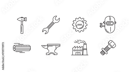 Collection of industrial and blacksmithing tools in a stylized silhouette design