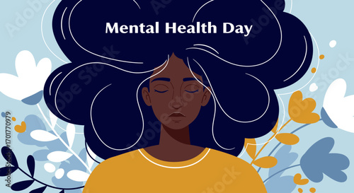 Mental Health Day Woman with Peaceful Expression and Floral Design