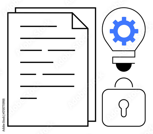 Papers, lightbulb with gear representing innovation, and lock symbolizing security. Ideal for privacy, intellectual property, innovation, confidentiality, secure access, documentation simple flat