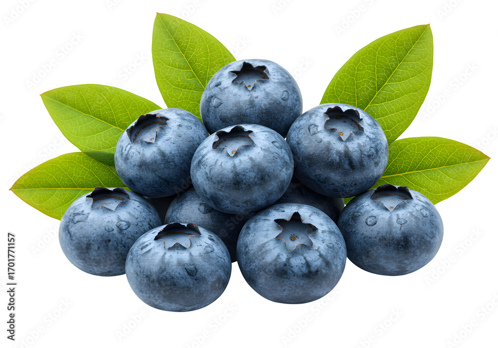 Fototapeta premium A vibrant cluster of fresh blueberries with delicate green leaves isolated on white or transparent background.PNG format.