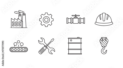 Collection of industrial icons featuring factory gear valve helmet conveyor wrenches barrel and crane silhouette
