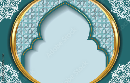 Islamic background for banner or greeting card with golden frame and arabic pattern