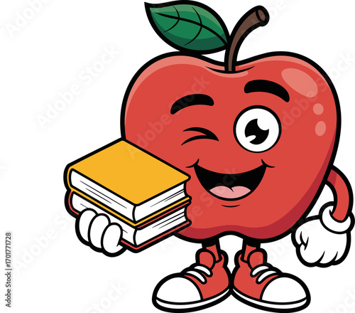 A Cheerful Red Cartoon Apple Character Wearing Shoes and Holding a Stack of Books Demonstrates its Enthusiasm for Learning and Reading with a Wink
