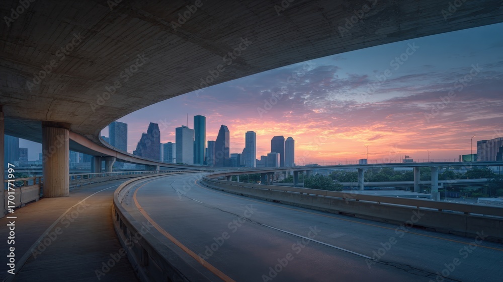 Fototapeta premium Urban Skyline at Sunrise: Captivating Cityscape View with Modern Architecture and Tranquil Sky