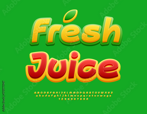 Vector Environmentally Friendly label Fresh Juice. Bright Yellow and Green Font. Handwritten set of Alphabet Letters and Numbers