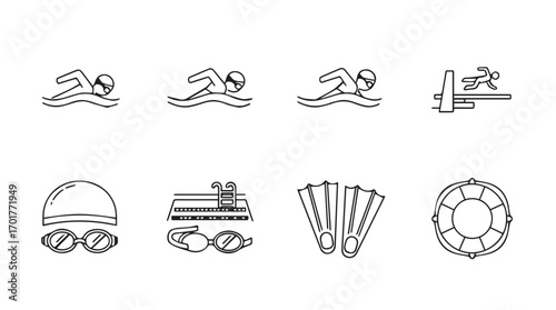 Collection of swimming icons and symbols in a simple line art silhouette style