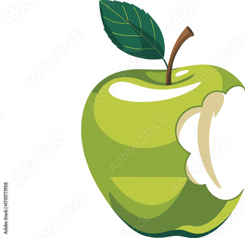 A Vibrant Green Apple with a Freshly Bitten Section Revealing the Crisp White Interior and a Single Leaf Attached to the Stem