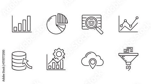 Collection of business analytics and data visualization icons in a simple silhouette style