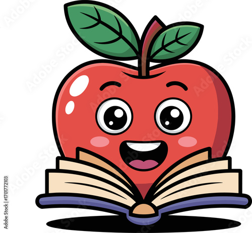 A cheerful red apple character with big eyes and a wide smile sits atop an open book ready to share its knowledge and inspire young learners with the joy of reading and education