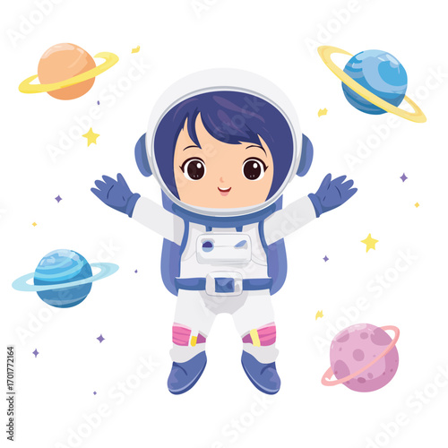 Cute Anime Astronaut Surrounded by Planets - AI Generated
