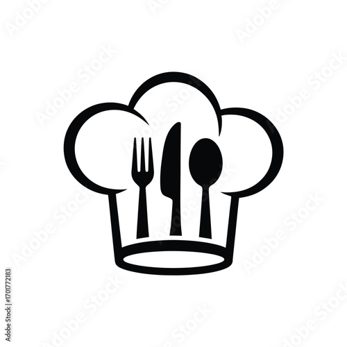Chef Hat with Fork Knife Spoon Icon Vector, Restaurant Logo Design, Culinary Symbol, Kitchen Utensil Silhouette, Black and White Food Service Illustration