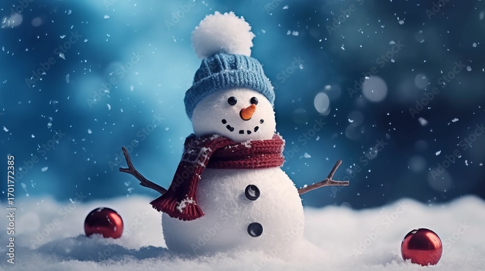 Fototapeta premium Snowman on winter background with Christmas decoration