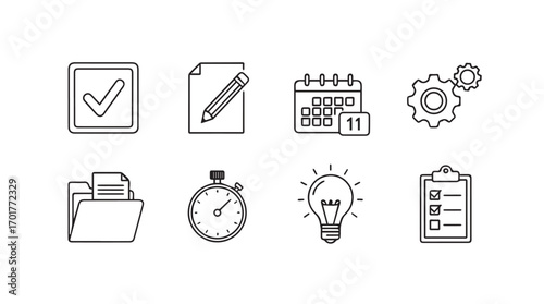 Collection of business and planning icons in a simple outline silhouette style