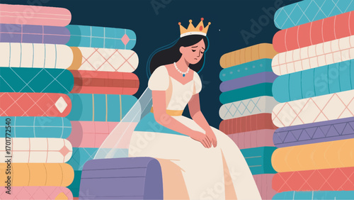 Illustration of a crowned princess in a dress seen sitting gloomily vector design template